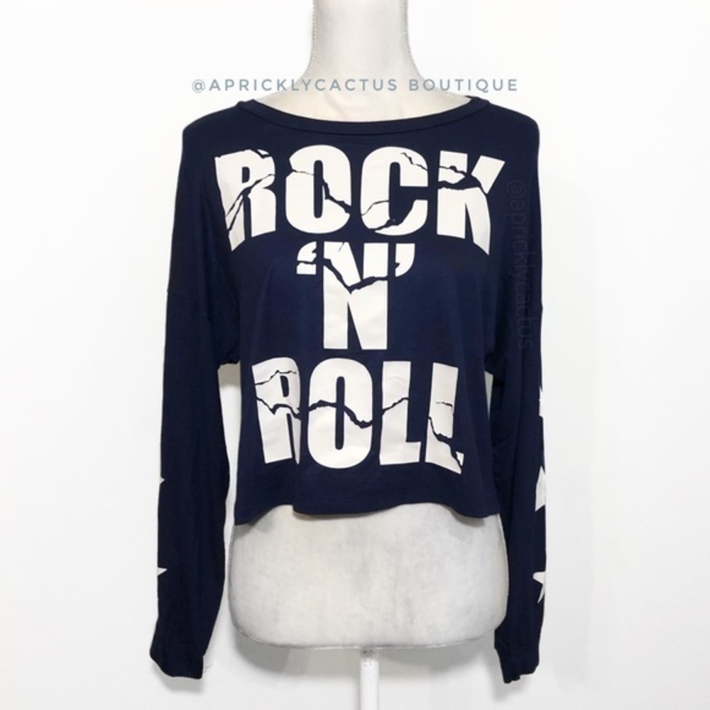 NWT Navy Blue Rock N Roll Long Sleeve Cropped Crop Top New Miss Popular